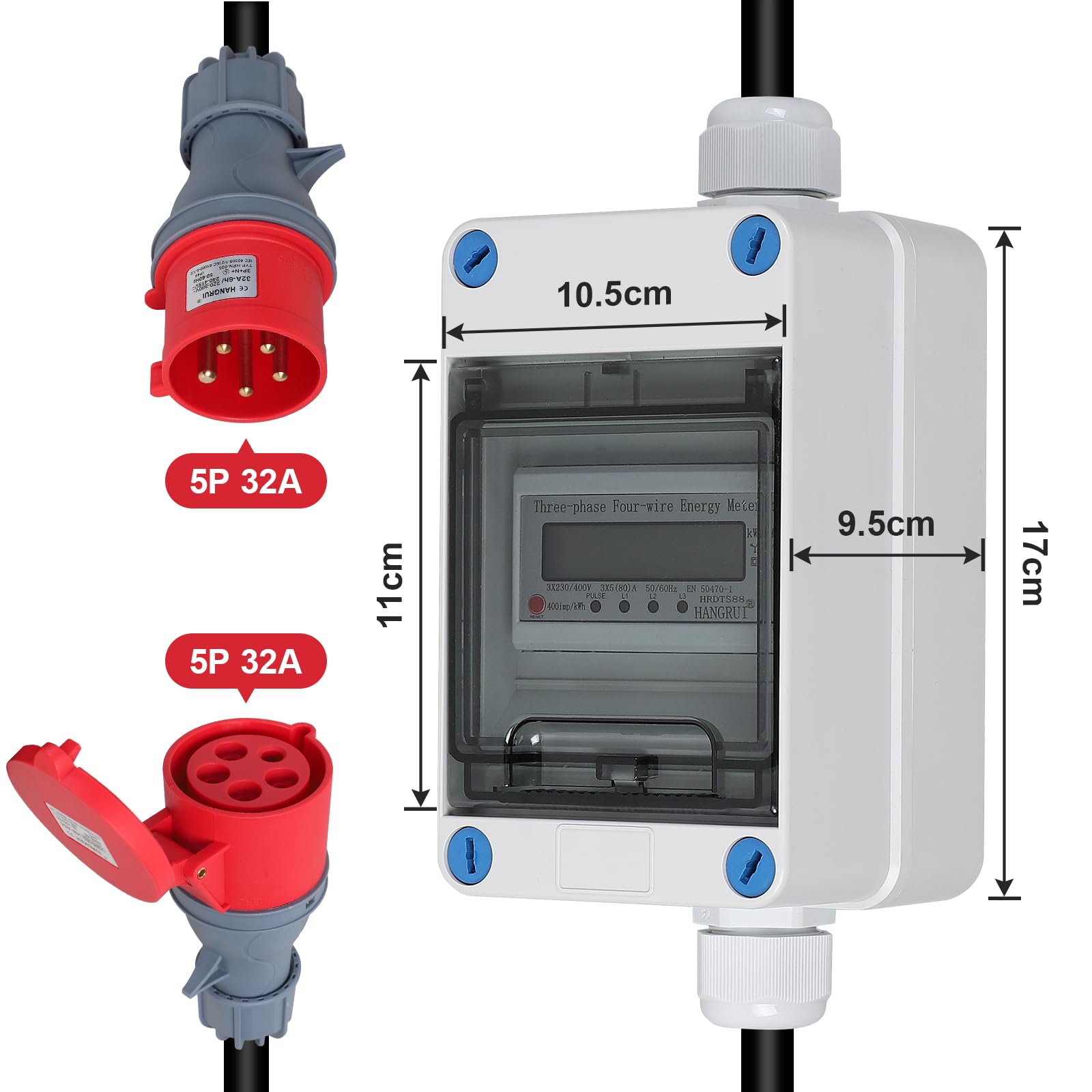 CPROSP Trifase Contatore Energia Elettrica Mobile 32A 400V | Contatore Digitale con Spina e Presa CEE; Misuratore di Consumo Elettrico; per Camper, Veicoli Elettrici, Campeggio IP65