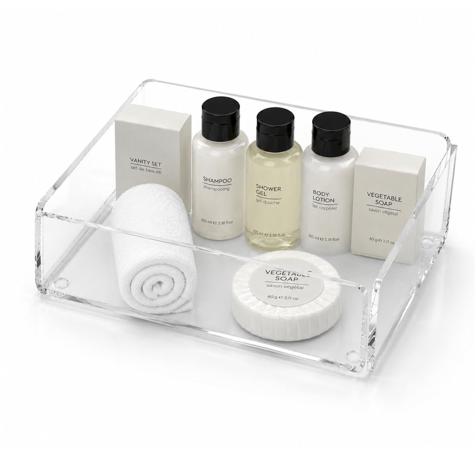 Agplex Kit Cortesia Bagno in Vetro Acrilico Trasparente 17x12x5 cm, Contenitore per Saponi, Creme e Accessori, Design Moderno per Hotel, Spa e Casa, Made in Italy