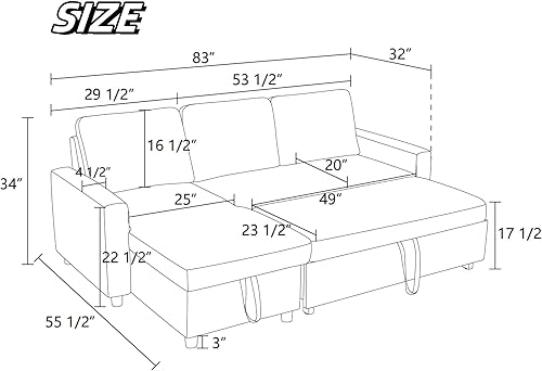 Vista 2 de FONTOI Sofá cama extraíble, sofá cama modular convertible con diván de almacenamiento, moderno sofá en forma de L para sala de estar, dormitorio