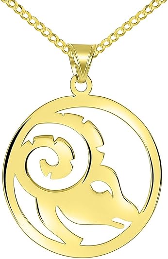 Solid 14k Yellow Gold Round Aries Zodiac Sign Cut-Out Ram Head Pendant with Cuban Chain Necklace