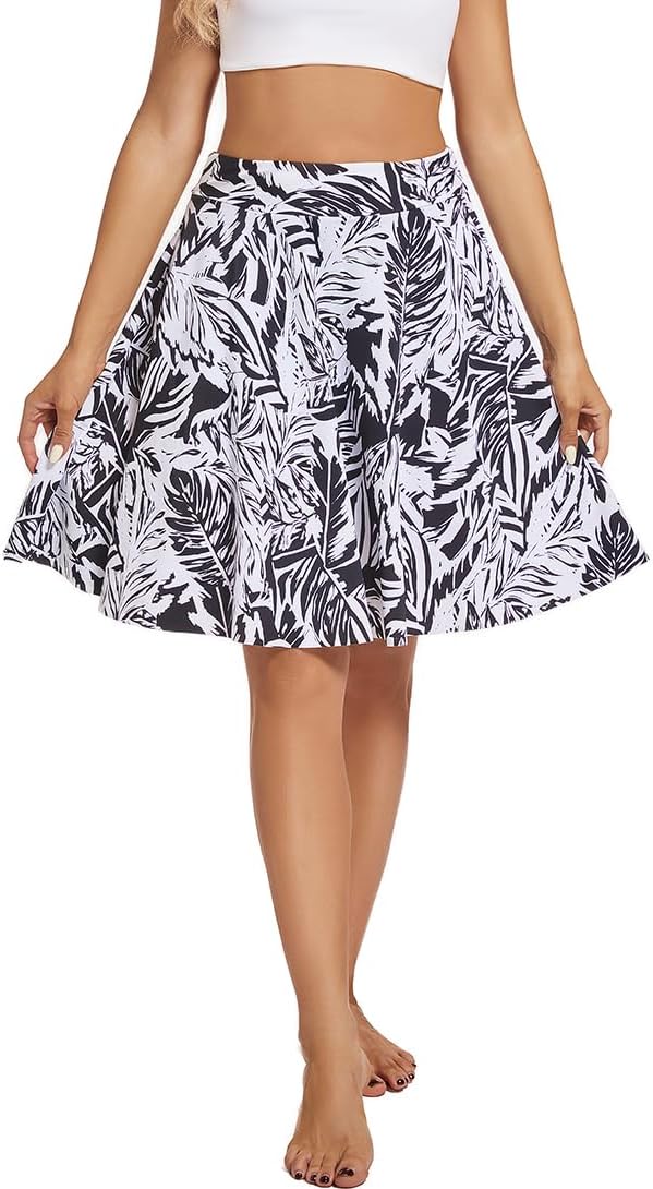 Micosuza Women's 21"" Swim Skorts High Waist Tummy Control Modest Swim Skirt with Shorts Swimsuit Bikini Bottoms Black-leaves, Small