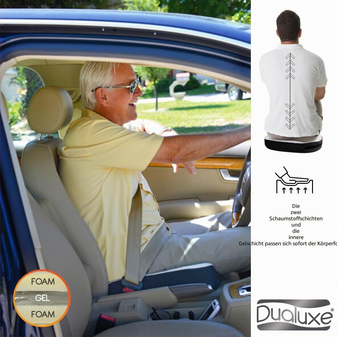 DUALUXE (2) Ergonomisches Gelkissen für Sitzkomfort – 47,5 x 38 x 7 cm – Entlastet Rücken, Gesäß & Beine – Ideal für Bürostuhl, Auto, Home-Office & Rollstuhl – Waschbarer Bezug – Leicht & Tragbar