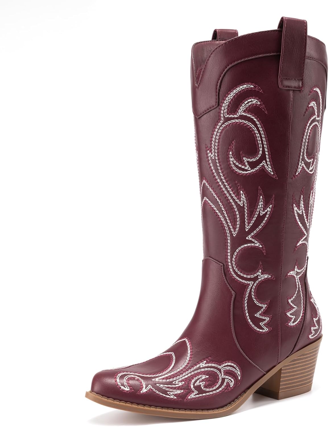 Athlefit Cowboy Boots for Women Vintage Embroidered Country Western Cowgirl Boots Low Chunky Heel Pointed Toe Mid Calf Boots