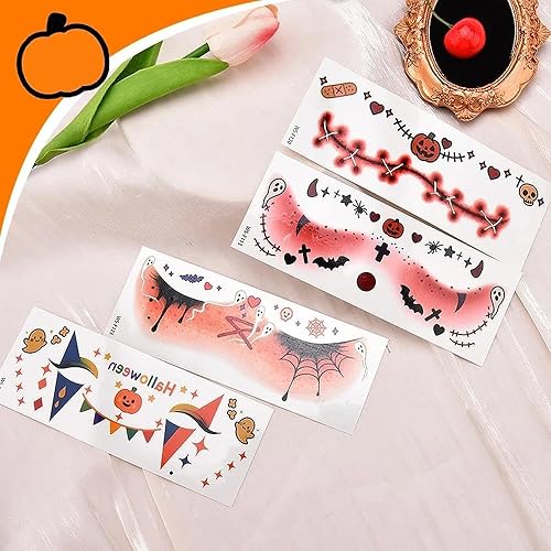 Halloween Face Stickers for Women Girls Cute Bat Skull Spider Pumpkin Temporary Face Tattoos for Day of the Dead Festival Halloween Party Vampire Gothic Masquerade Makeup Decorations 4Pcs