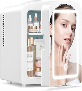 Xbeauty Skincare Mini Fridge With Dimmable LED Mirror, 4L Mini Makeup Refrigerator for SkinCare, Cosmetics, Food & Drinks, Portable Small Refrigerator for Bedroom, Dorm, Car, Office, White