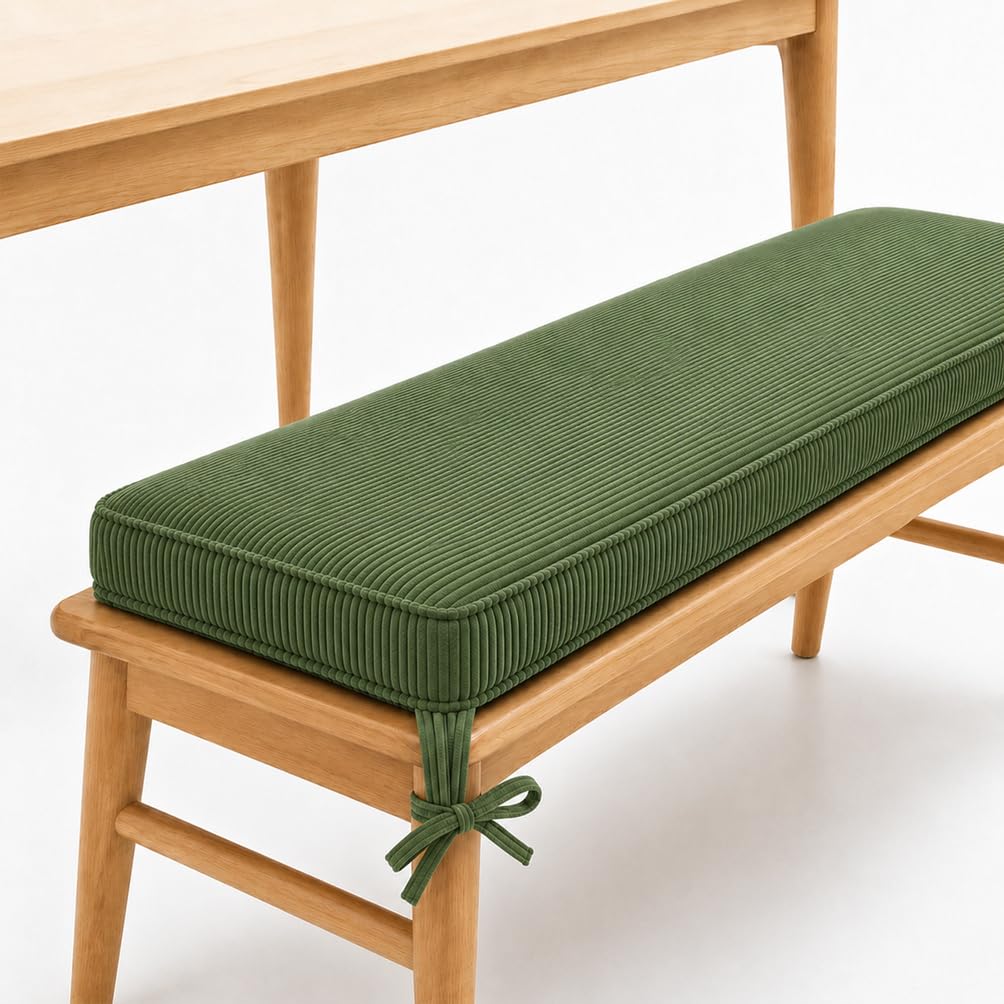 AEHO Bench Cushions in Corduroy,90x35x5cm, Bench Seat Cushion for Bay Window Seat Cushion Dining Sofa, Indoor Pad with Non Slip Bottom, 2 Ties, 5cm 50D Foam Core,Olive Green