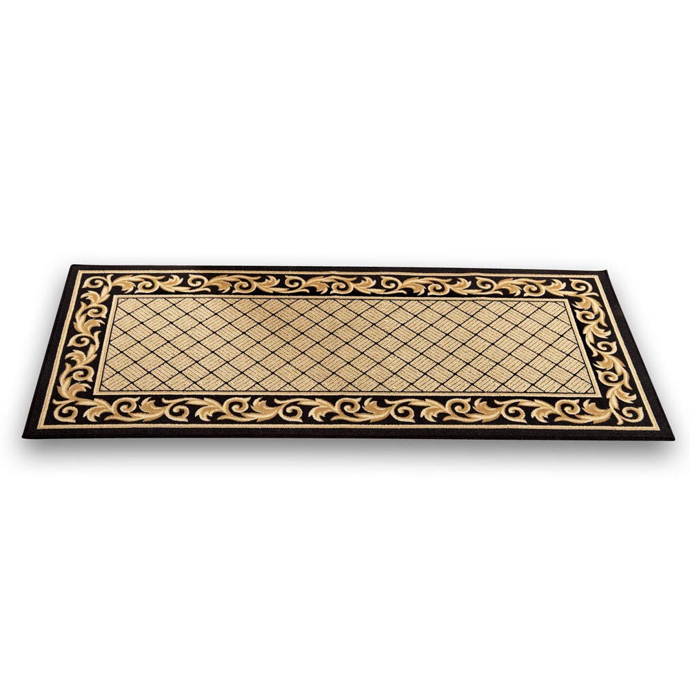 Collections Etc Floral Scroll Basket Weave Rug with Skid-Resistant Backing, Midnight, 26" X 45"