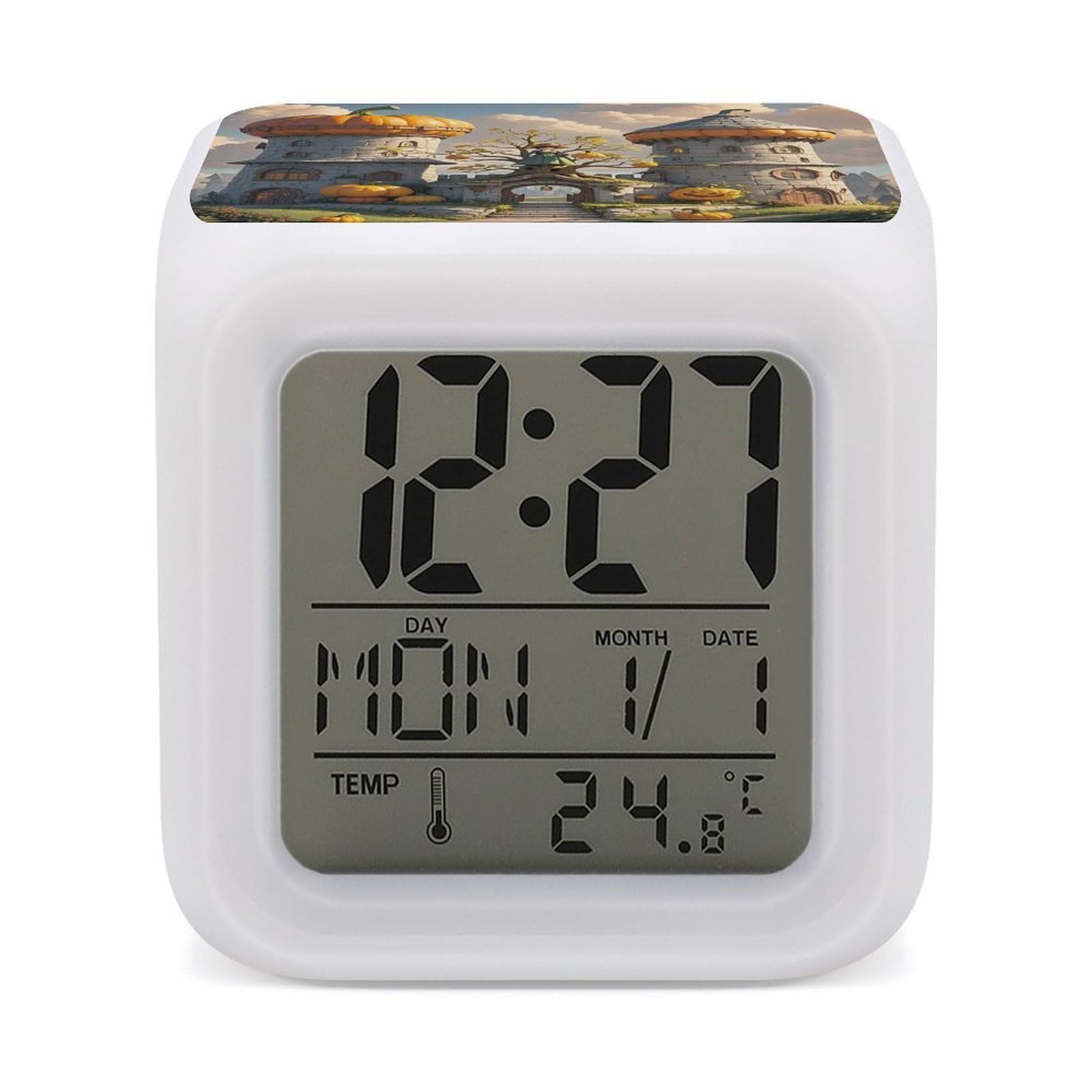 LZQPOEAS Pumpkin Loft Alarm Clock Desk Clock with 7 Color Changing Night Light Digital Clocks with Temperature Display Sleep Training and Sound Machine for Heavy Sleeper
