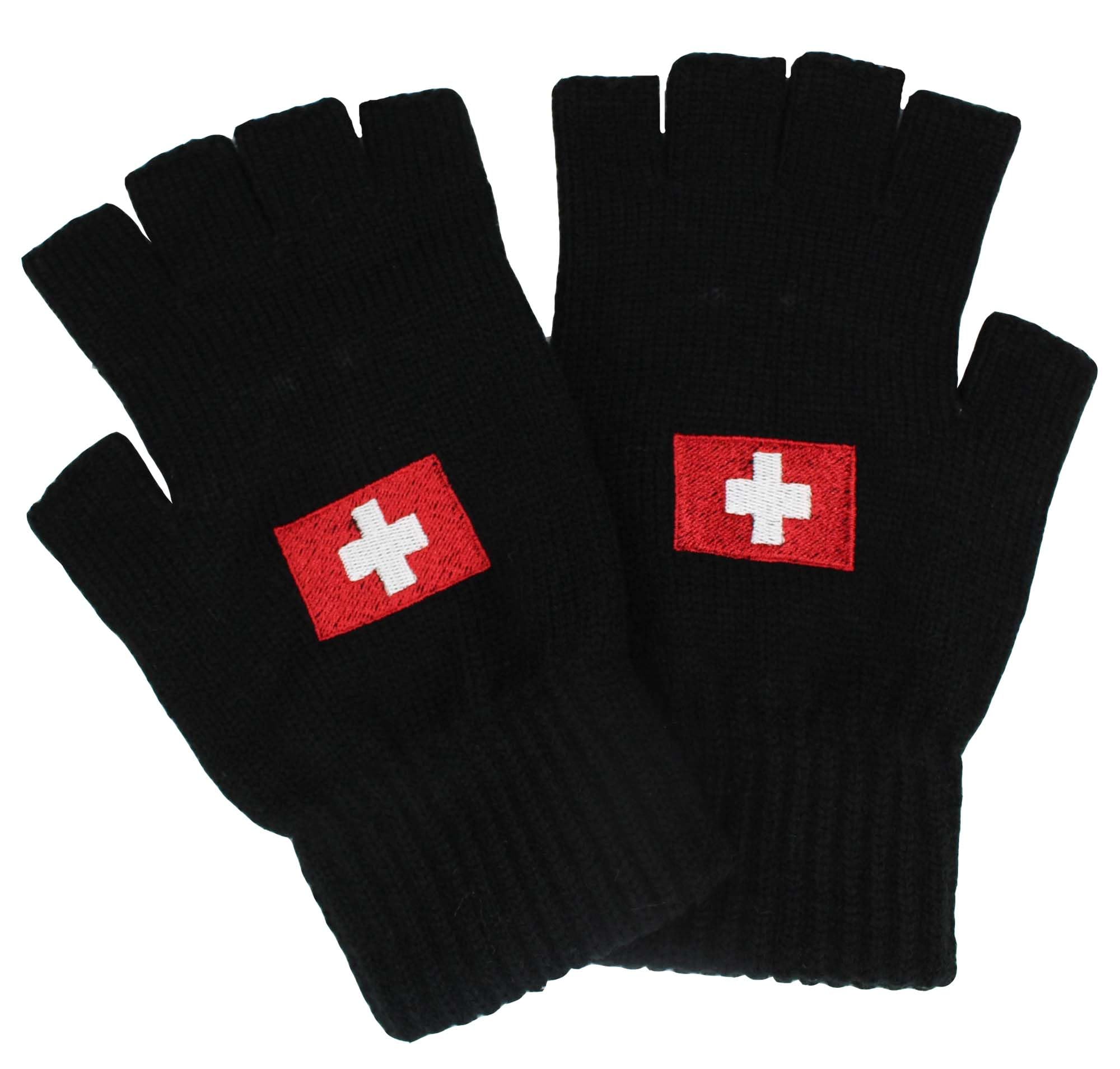 Teddyt's Men's Black Switzerland Flag Warm Thermal Knit Embroidered Fingerless Winter Gloves