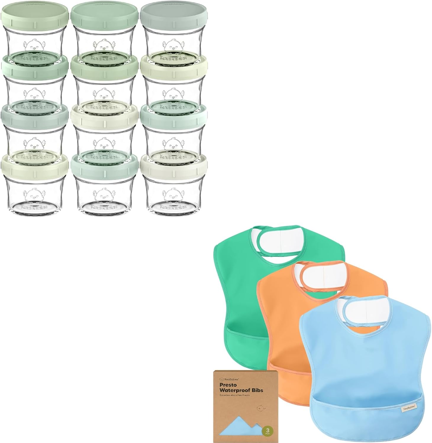 KeaBabies 12-Pack Baby Food Glass Containers and 3-Pack Waterproof Baby Bibs for Eating - 4 oz Leak-Proof, Microwavable, Baby Food Storage Container - Lightweight Baby Bib with Food Catcher