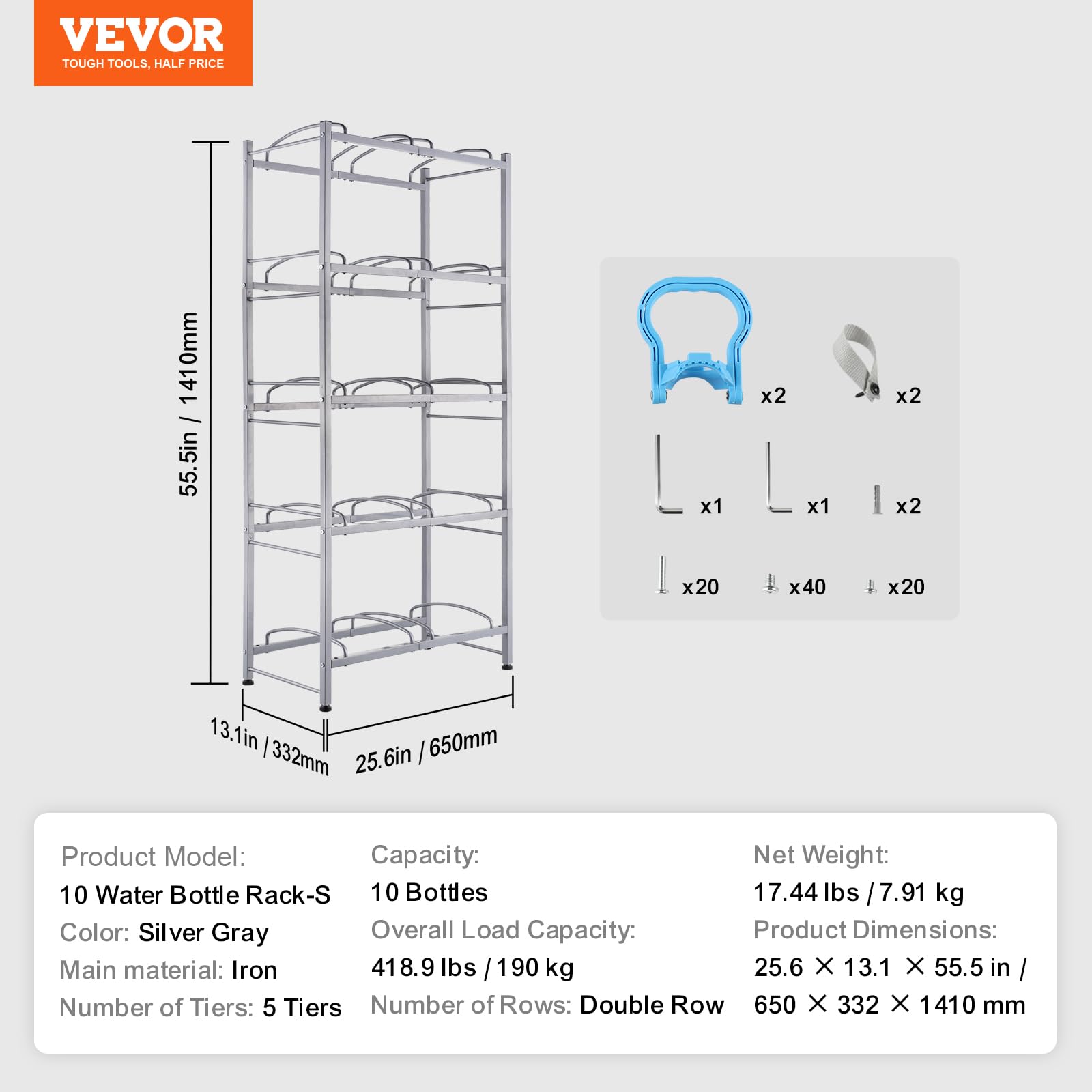 VEVOR Rack à Bonbonnes à 5 Niveaux et 2 Rangées, Support Bouteille d’Eau de 18,9 L, Capacité 10 Pièces, Range Bonbonnes d’Eau Solide, Rangement pour Garde-Manger, Cuisine, Bureau, Salon, Usine
