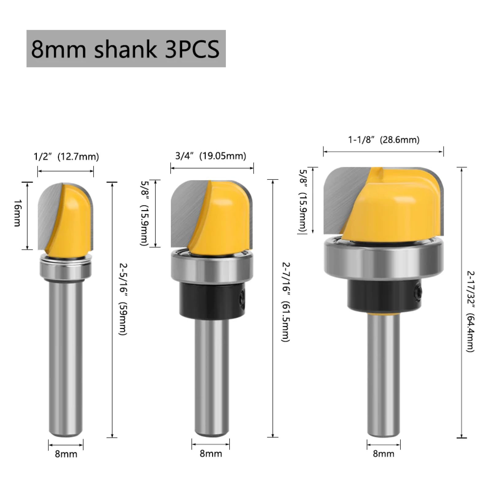 Fresa De Punta Redonda Con Rodamiento Para Carpintería, Broca Enrutadora De Bandeja Con Vástago De 8mm,juego De 8mm