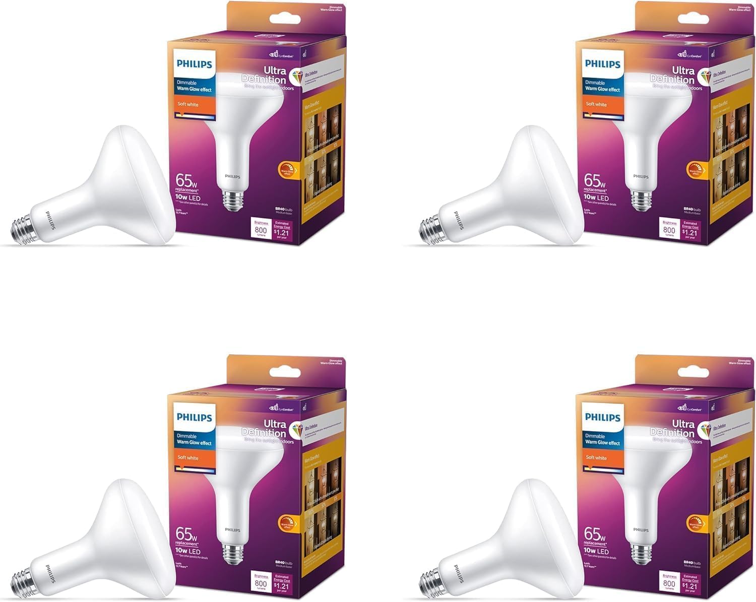 PHILIPS LED 65W BR40 4-Pack Ultra Definition Soft White (2700K) 800 Lumen (10W = 65W) Dimmable Frosted Flicker-Free Light Bulbs