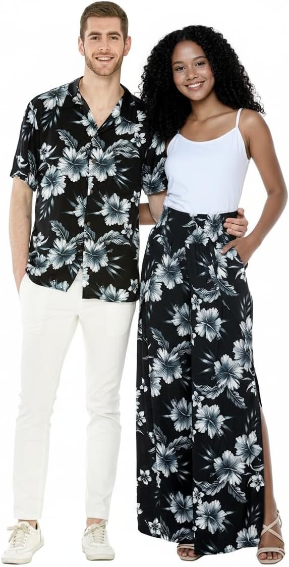 Matchable Couple Hawaiian Luau Shirt or Wide Legged Pants in Midnight Bloom
