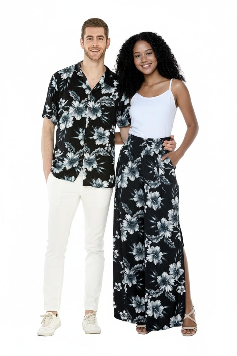 Matchable Couple Hawaiian Luau Shirt or Wide Legged Pants in Midnight Bloom