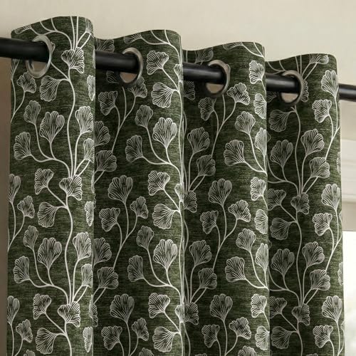 Image of Home Sizzler Ginkgo Leaf Eyelet Polyester Semi-Transparent Long Door Curtains - 9 Feet, Pack of 2, Olive