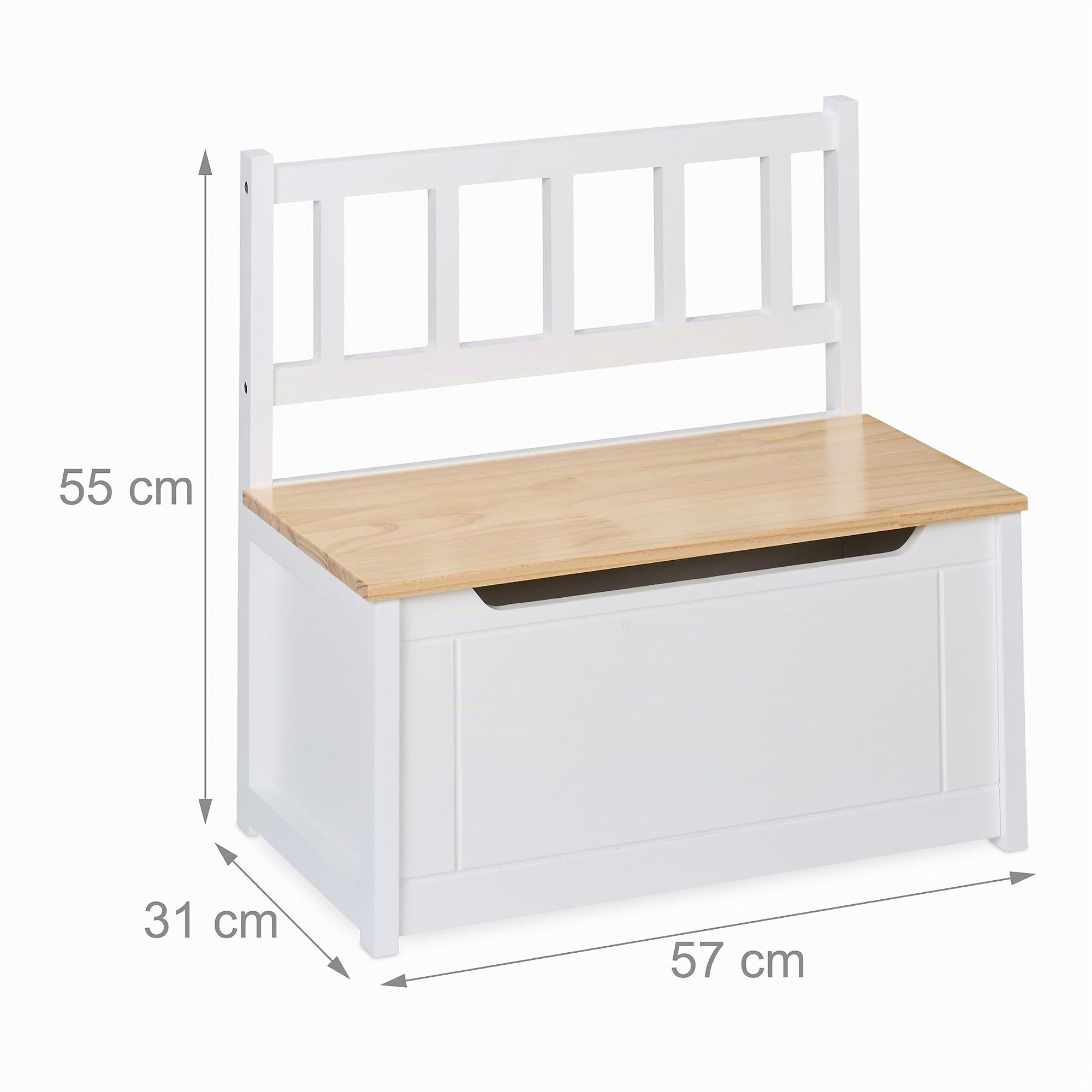Relaxdays Baúl Juguetes Infantil con Almacenamiento, Tapa Abatible, Respaldo, 55x57x31 cm, Niños, Banco, Blanco/Natural