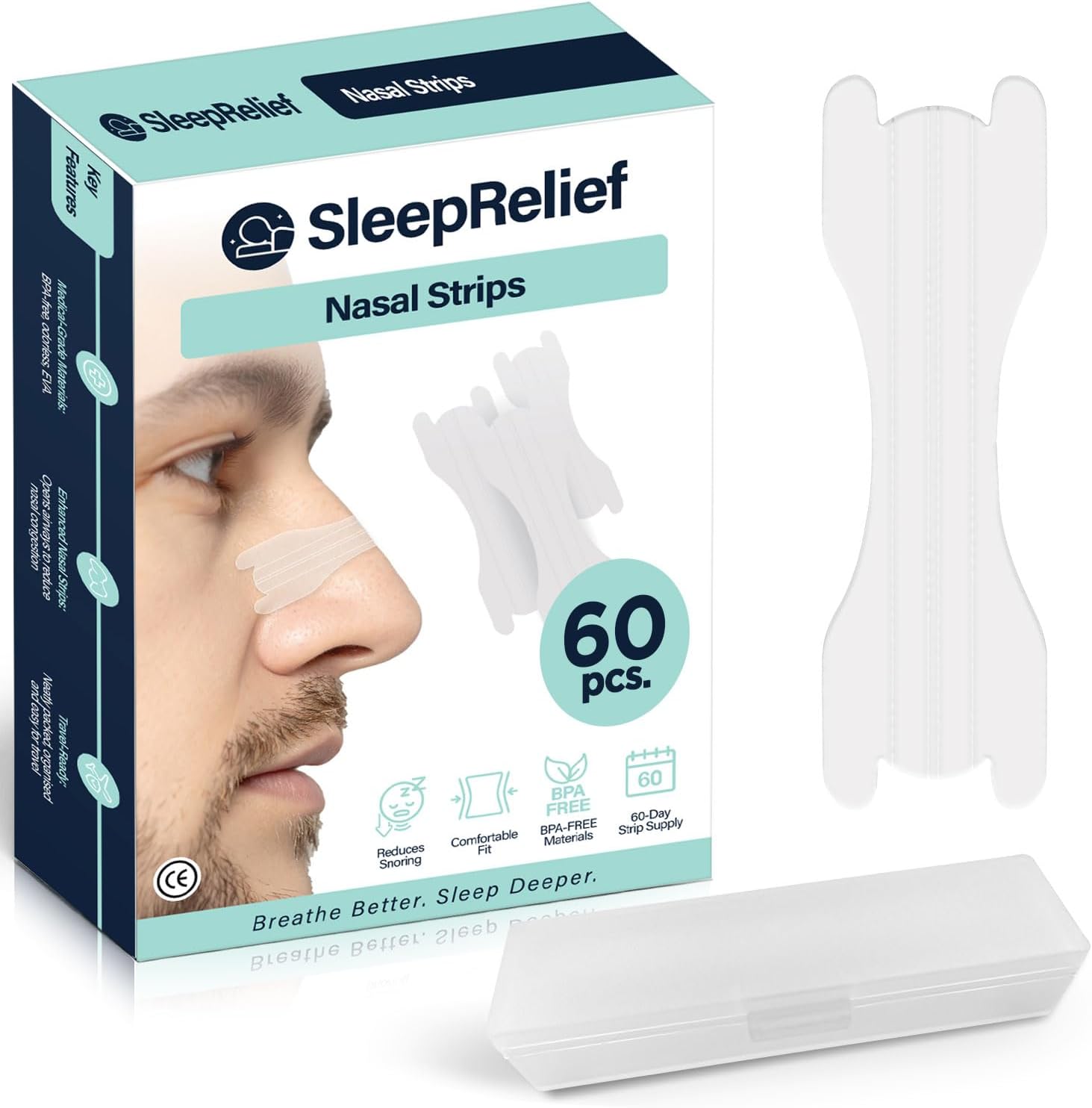 Nasal Strips 60 Pieces Nose Strips for Breathing, Relieve a Blocked Nose Due to Colds, Allergies, Snore Strips for Sports and Sleep, Nose Strips for Snoring, Snoring Strips Drug-Free