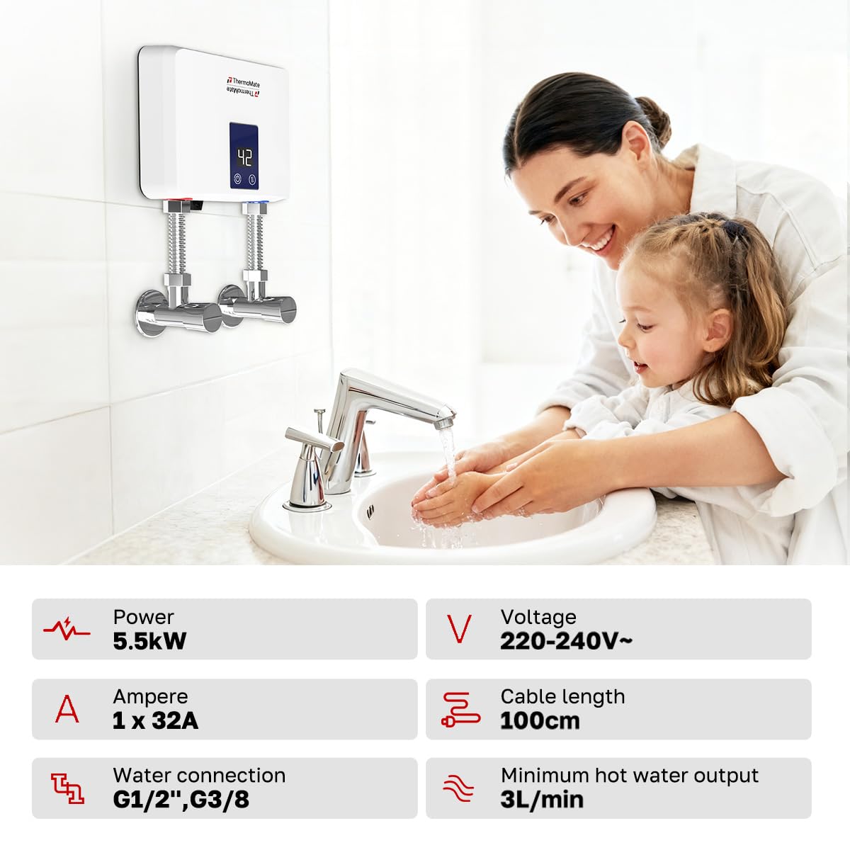 ThermoMate Mini scaldabagno elettrico, 5,5 kW Scaldabagno elettronico, scaldacqua istantaneo per lavabo, automodulante, Senza spina