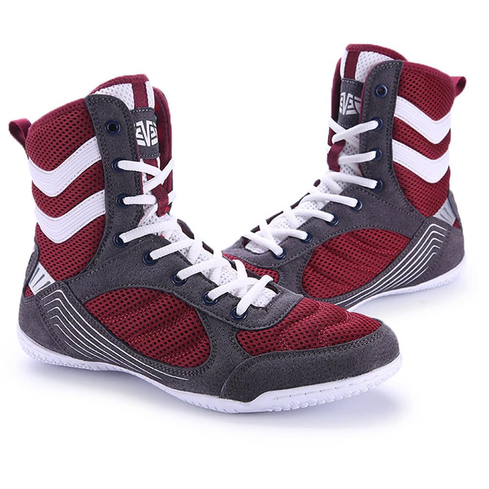 Scarpe da Wrestling per Ragazzi e Ragazze Unisex, Stivaletti Leggeri in Mesh Traspirante, Barefoot, Antiscivolo, con Caviglia Alta.,Rosso,44 EU