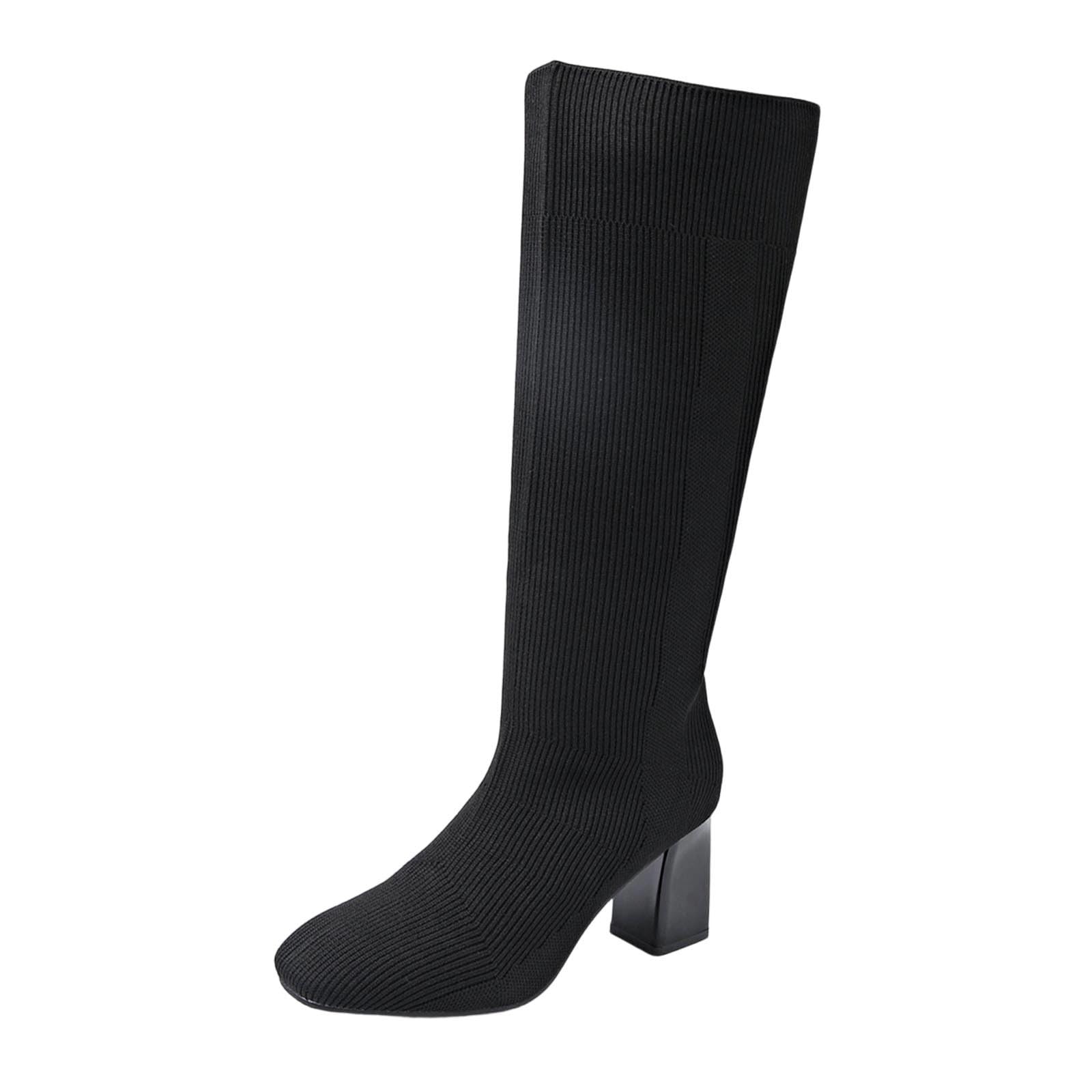 Ladies High Heel Tall Boots Fashion Winter Square Toe Stretch Knit Boot Dressy Casual Knee-High Bootie for Women