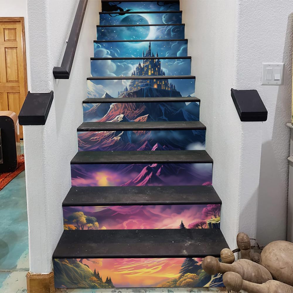 REDAMANCY Fantasy Science World Creative Peel and Stick Vinyl Stair Riser Decals Staircase Tile Stair Stickers Abstract Art Modern Decoration Self-Adhesive Home Decor Stair Decals (14 Pcs)