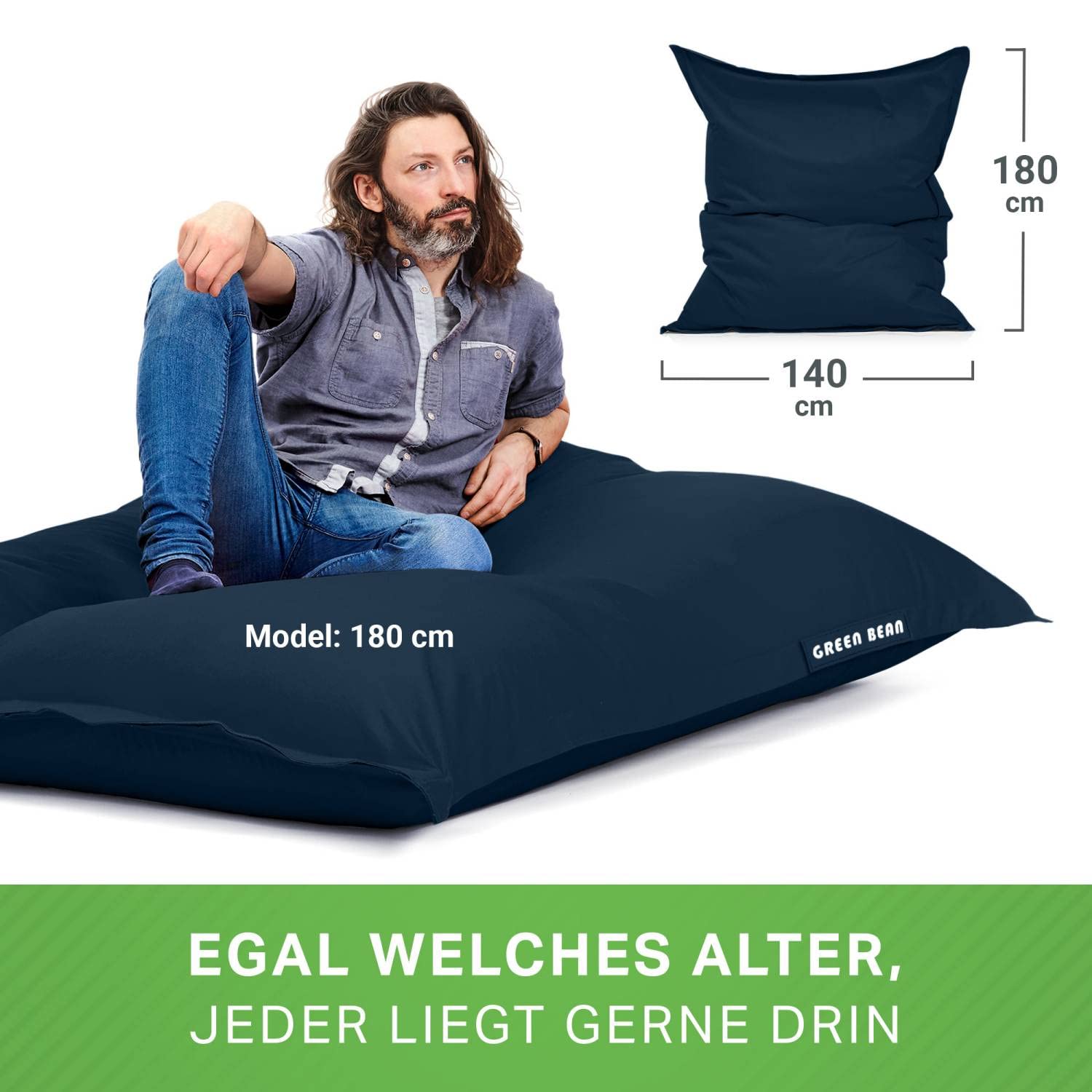 Green Bean© Zitzak voor binnen XXL 140x180 cm 380 liter Zitzak voor kinderen & volwassenen EPS-korrels vulling Reuzenzitzak Groot Loungekussen Wasbaar Weerbestendig Loungestoel Vloerkussen Zwart