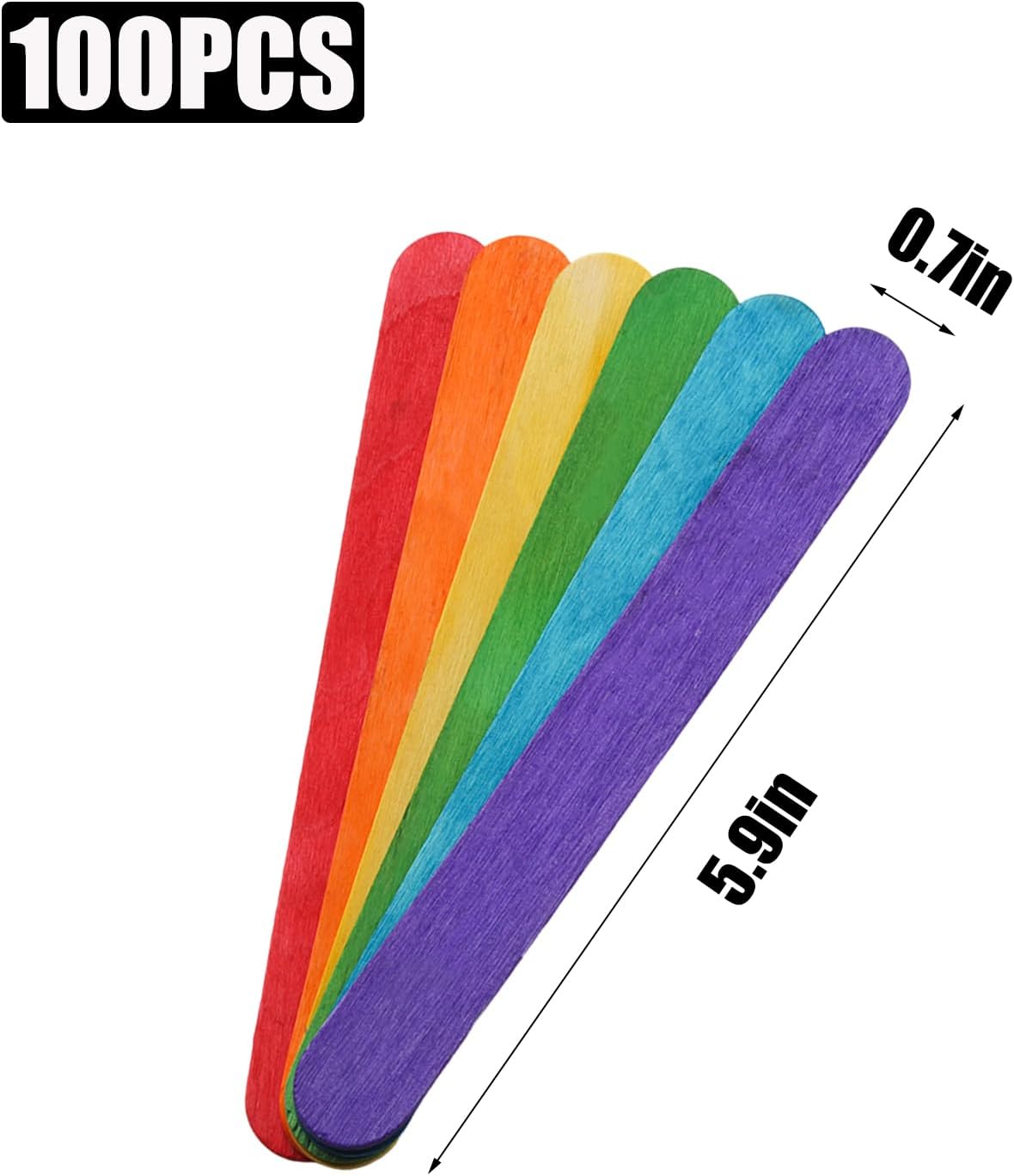 100 Pcs 6 Inch Colored Jumbo Wooden Craft Sticks Wooden Rainbow Colored Sticks for Crafts