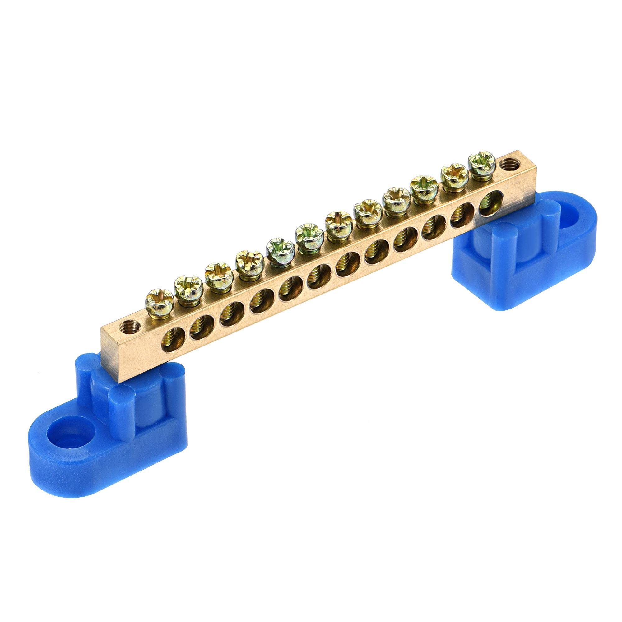 Terminal Ground Bar Screw Block Barrier Brass 12 Positions Blue for Electrical Distribution
