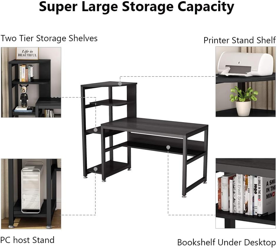 Tribesigns Computer Desk with 4-Tier Storage Shelves, 58 inch Large Modern Office Desk Study Writing Table Workstation with Bookshelf for Home Office(Black)