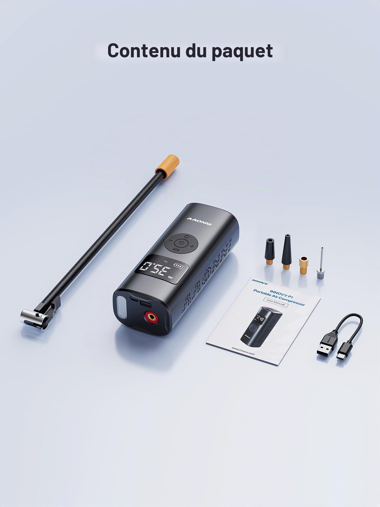 INNOVV P1 Gonfleur de pneu Compresseur d'air, pompe à vélo électrique portable avec manomètre numérique et lumières d'urgence, 150 psi, rechargeable pour voiture, vélo, moto, ballon