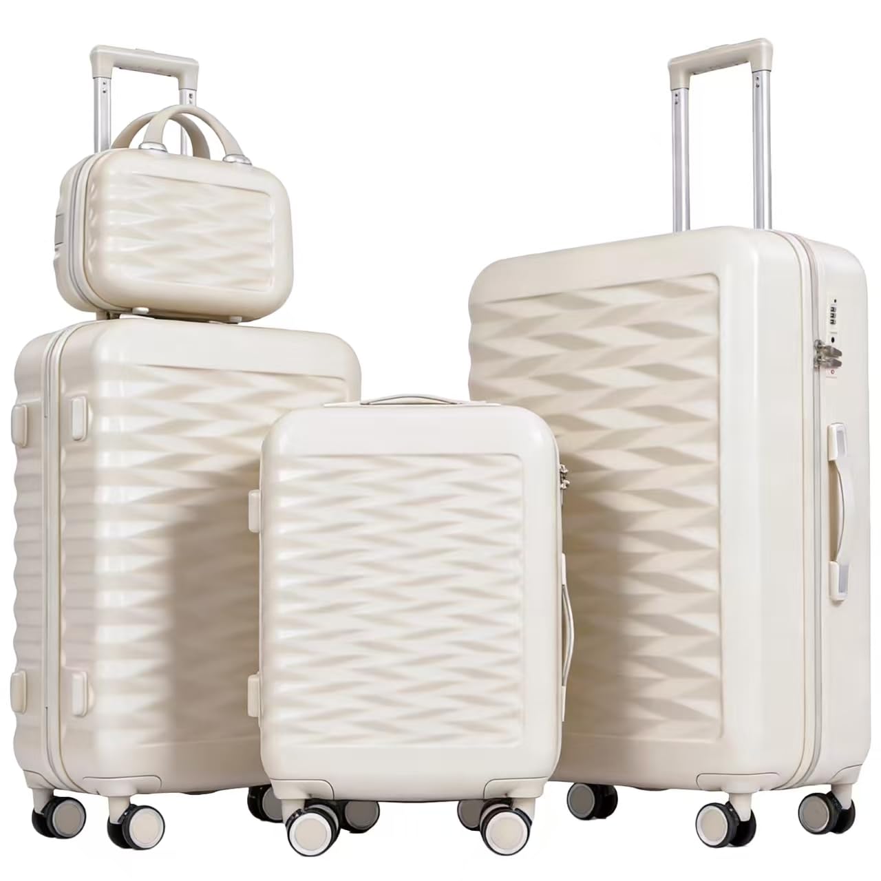 Zestawy walizek z kosmetyczką lekka walizka podróżna ABS + PC twarda skorupa z kołami obrotowymi, biały, 4 Piece Set, Nowoczesna twarda strona
