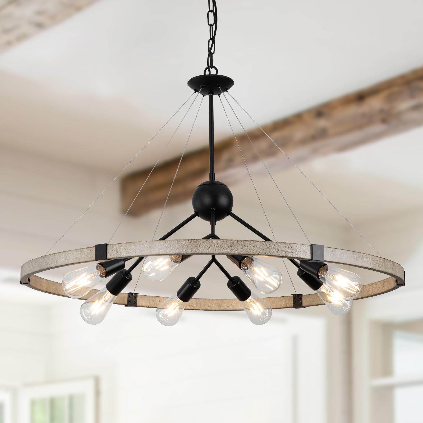DESGNT Farmhouse Wagon Wheel Chandelier for Dining Room,35.4" Large 8 Lights Rustic Chandelier for Living Room,Round Light Fixture with Vintage Metals Rust Finishe for Entryway Porch Foyer