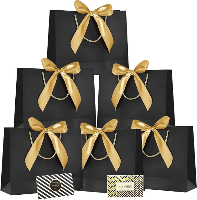 6PCS Gift Bags Hen Party Gift Bags with Golden Bow Ribbon Extra 2 Greeting Cards Designed for Bridesmaid Birthday Gift Bags Mother's Day Wedding Valentine's Day Holiday Celebrations