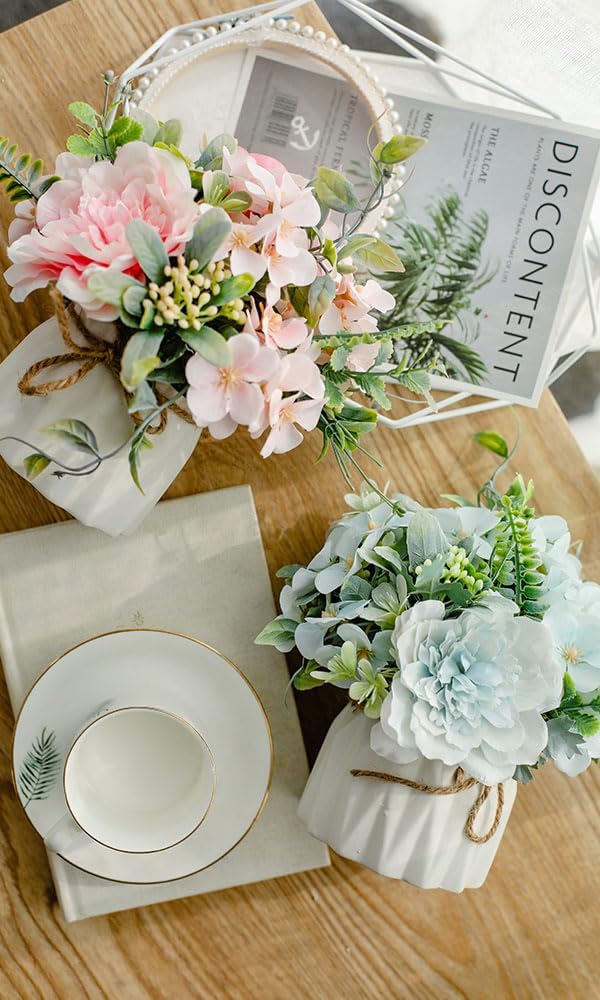 TKAS Fake Flowers Arrangement in Ceramic Vase, Artificial Faux Silk Roses & Hydrangea, Small Realistic Dried-Style Floral Dining Table Centerpiece for Wedding Party Home Decoration (Blue) image 4