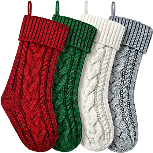 Christmas Stockings Knitted Xmas Stockings Double-Sided 18 Inches Fireplace Stockings For Family Christmas Decoration (Burgundy,Ivory,Green,Gray, 4) #TOP8
