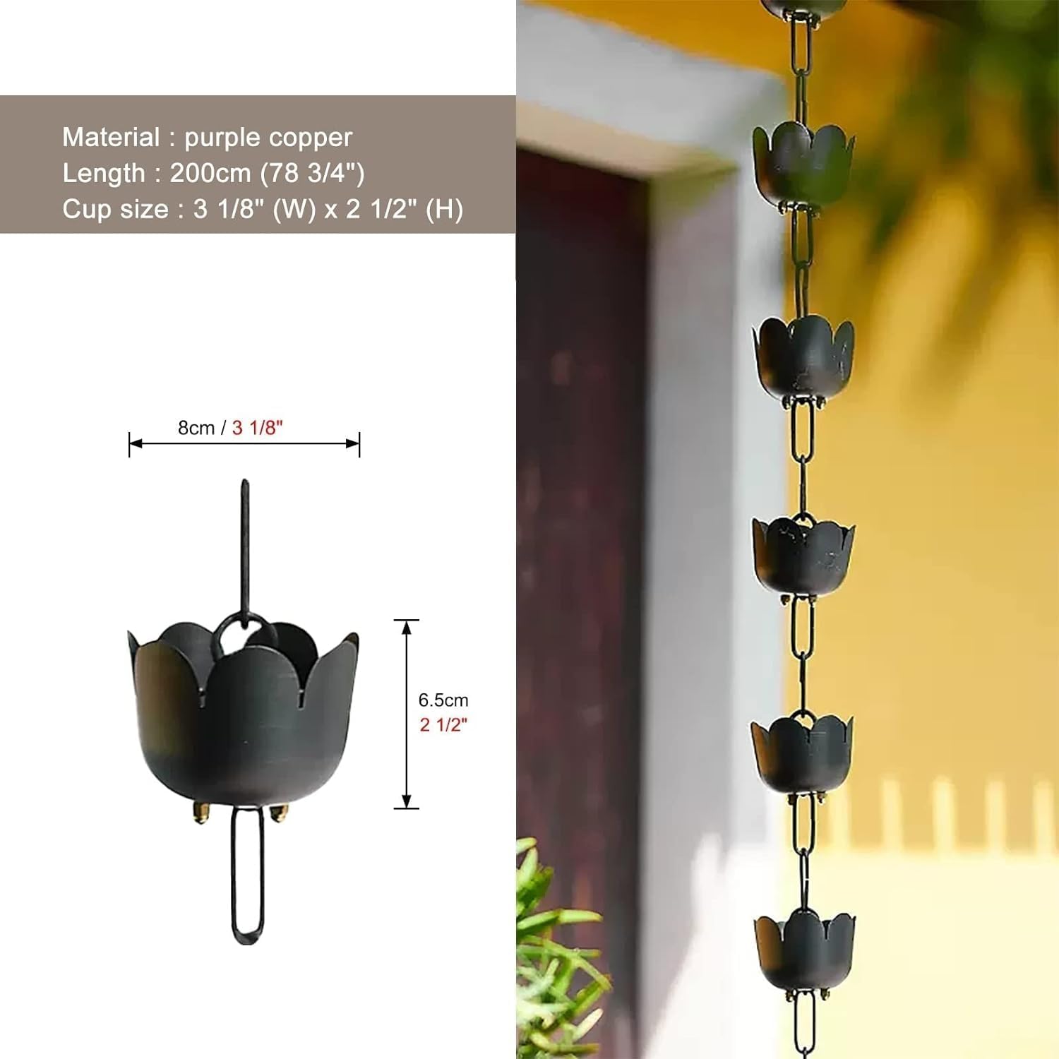 Rain Chain Pewter Rain Gutter Chain Divert Water, Petals Shape Rainwater Collector Cups for Eaves Drainage(Style1,200cm (6.5ft))