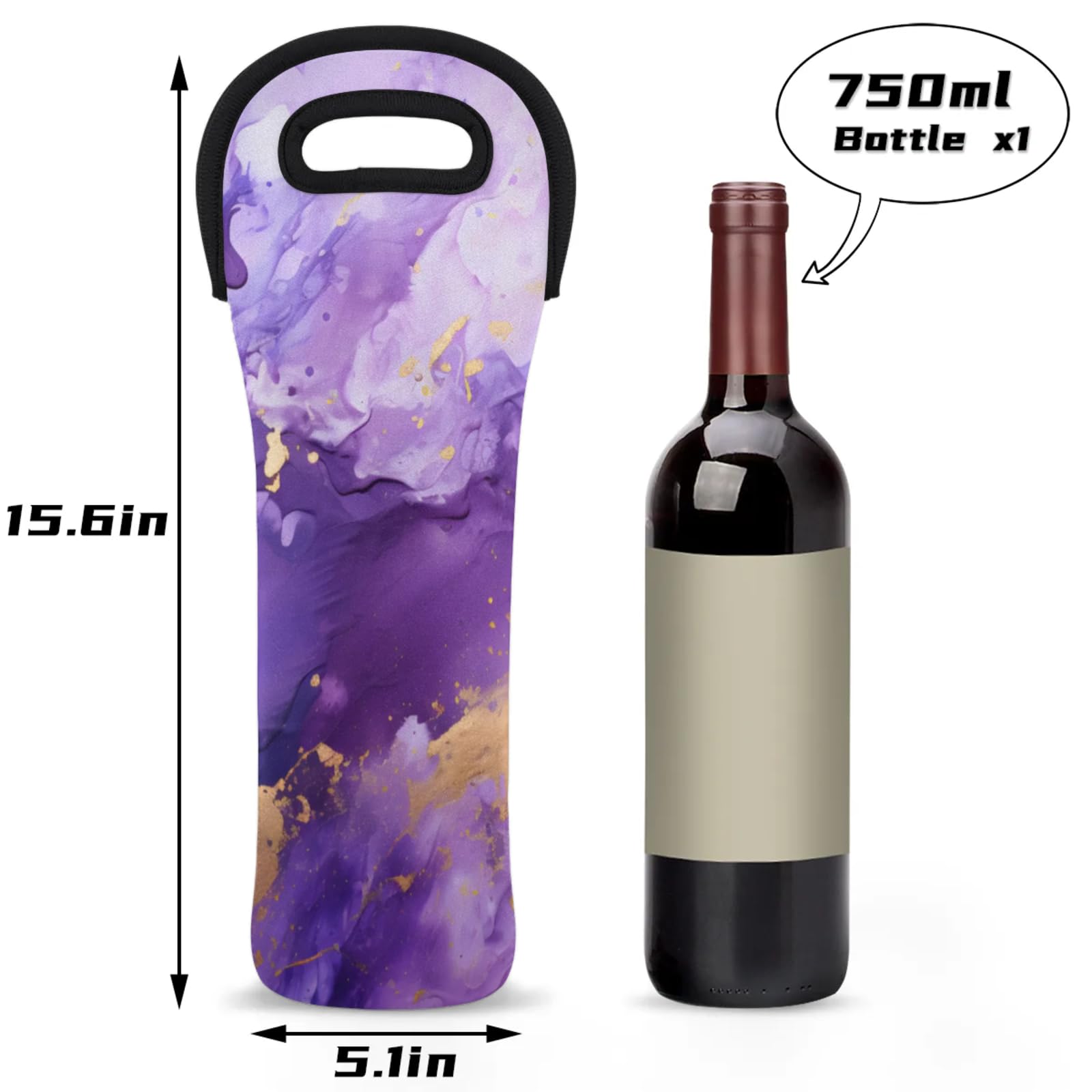 Neoprene Wine Tote Carrier Bag for Wine,Water, Champagne, Beer, Baby Bottles 15.6 x 5.1 Inches, Protective Wine Bag,Purple Dynamic Fluid Design