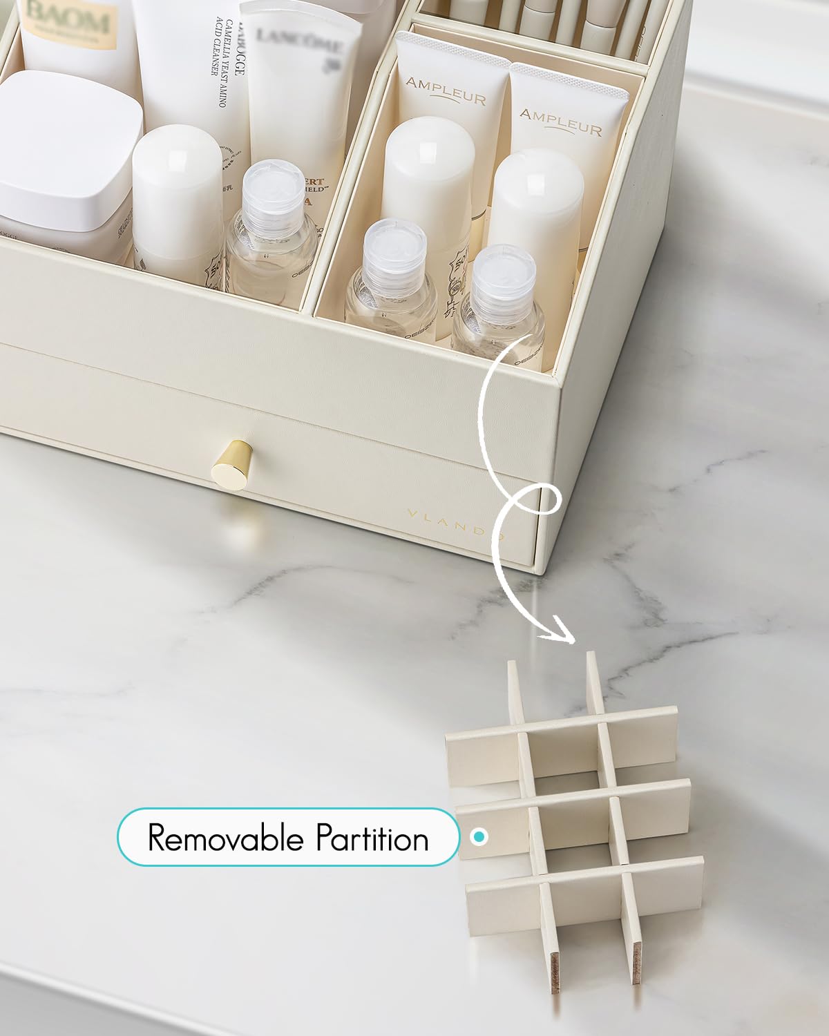 Vlando Organizer per trucchi con cassetti, organizer per cosmetici in pelle PU, organizer per profumi, grande espositore per rossetti, profumi, pennelli, regalo per donne, beige