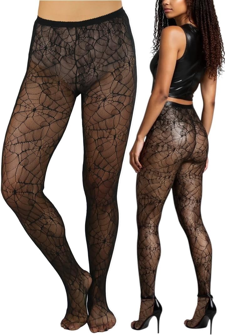 ToBeInStyle Women’s Spiderweb & Crawling Spider Print Hosiery Tights & Thigh High Stockings