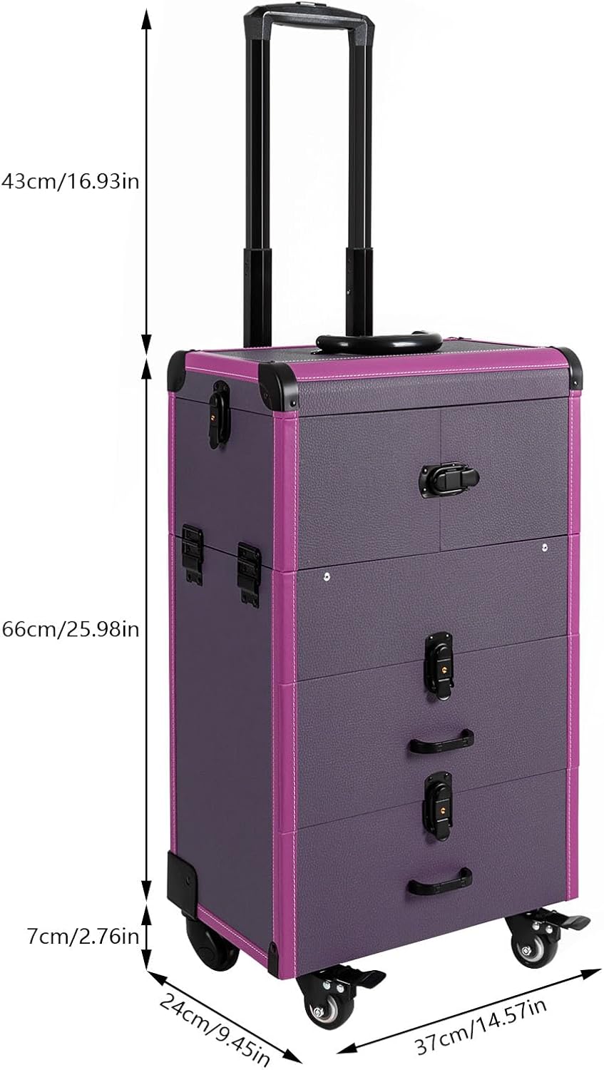 Lockable Rolling Makeup Train Case Multi-functional Cosmetic Organizer Trolley on Wheels, Large Make up Cosmetic Orgainzer for Nail Technicians, Nail Technician Salon Cart, Cosmetology Case (Purple)