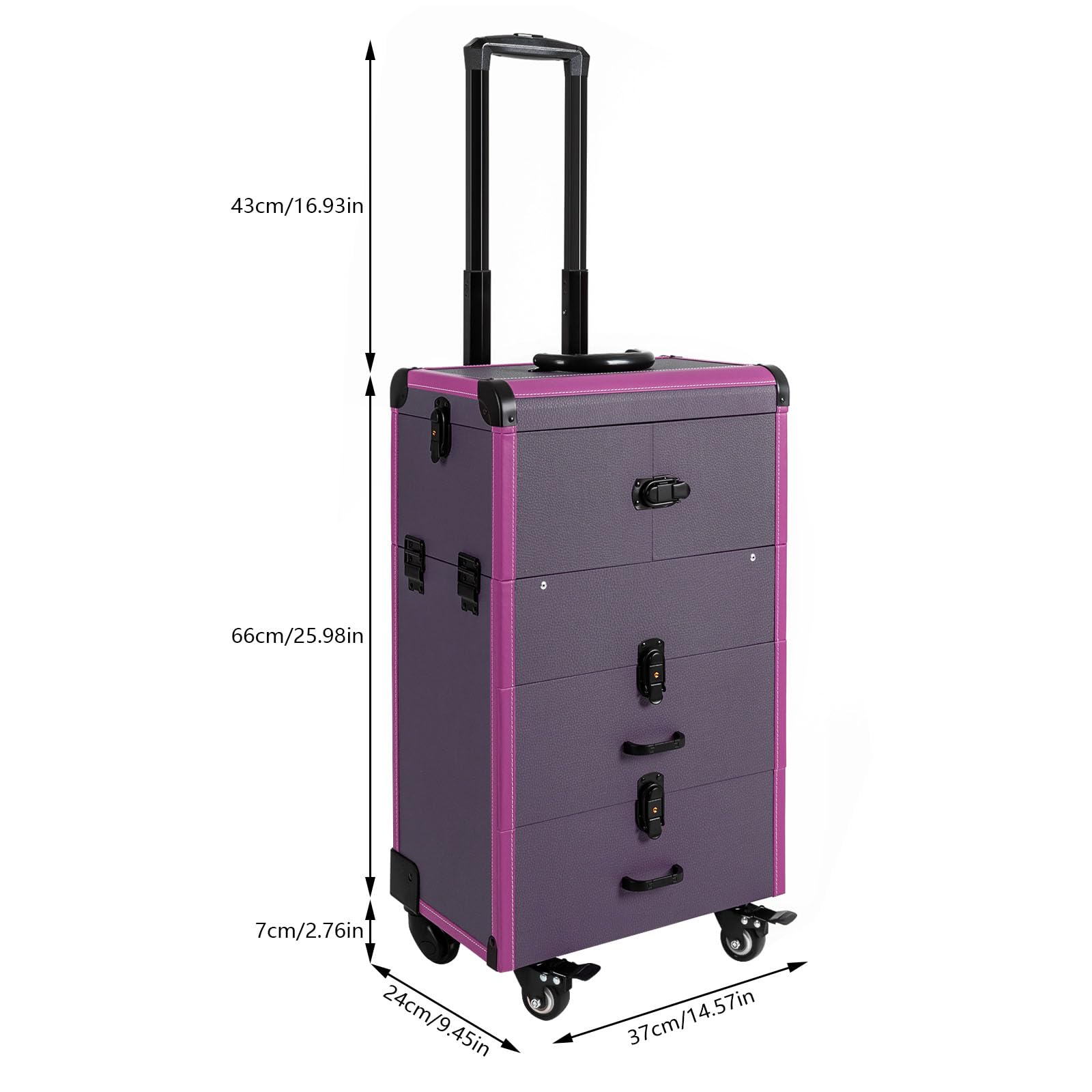 Sippyssy 3 Tier Alloy rolling Makeup Train Case,Professional Cosmetics Rolling Organizer 14.5x9.5x26in,Cosmetics Case with universal wheels for Travel Makeup,Nail,Art,Hair,Styling (Purple)