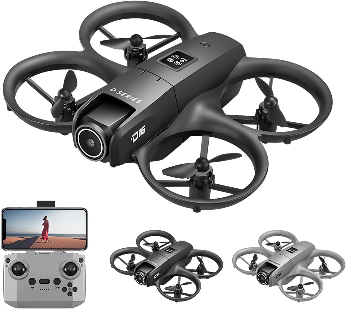 New D16 Dron Dual HD Camera Foldable Remote Control Drone with Optical Fow Hover Auto Intelligent Obstacle Avoidance Indoor and Outdoor Drone Men's Gift for Back-to-School Season Christmas Halloween Thanksgiving (Gray)