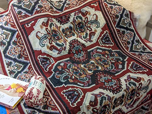 Dada Bedding Majestic Red Kilim Rug Tapestry Throw Blanket - Intricate Royal Ornate Ornament Print W/Fringe Tassels - Decorative Woven Needle Stitched Design - 50” X 60” (18195) #TOP1