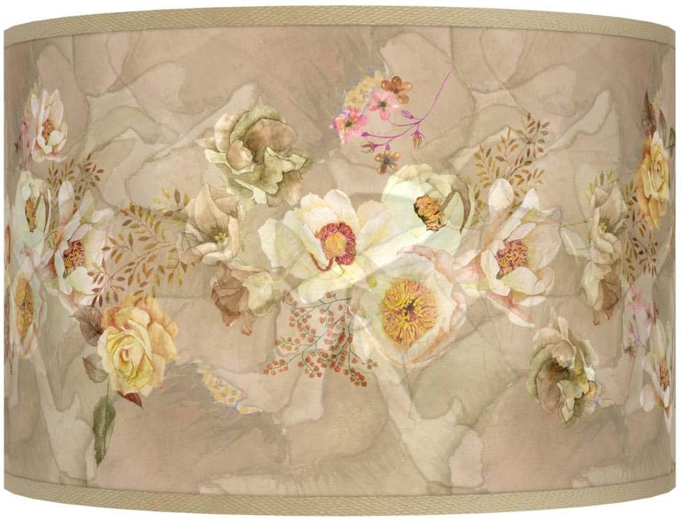 Drum Print Cottage Core Lamp Shade (Pre-Assembled) Floral Spray Beige Pink Yellow Medium 12" Top x 12" Bottom x 8.5" High Spider with Replacement Harp and Finial Fitting - Giclee Glow