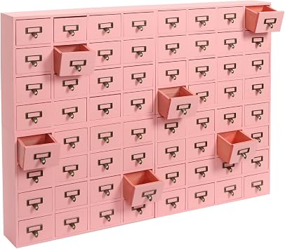 64-Drawer Wooden Storage Box Traditional Apothecary Curio Cabinet in Vintage Wood, Card Catalog Library Desk Drawer w/Label Holders Handles, Multi Level Countertop Arts and Craft Organizer Pink