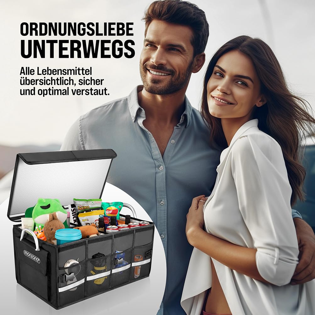 Monzana Kofferraum Organizer Deckel 68L Isolierung Alu-Griffe Trennwände Wasserdicht Faltbar MDF Wände Rutschfest Kofferraumtasche Kühltasche Faltbox