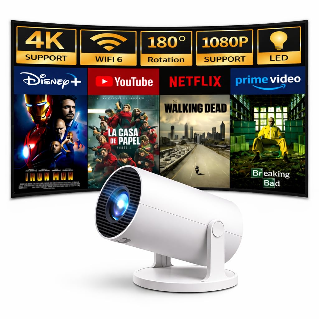 2026 Mini Portable Projector, Android 14, WiFi 6 Bluetooth, Supports 4K and 1080P, 180° Rotation, Auto Keystone, Home Theater, Smart Compact Projector