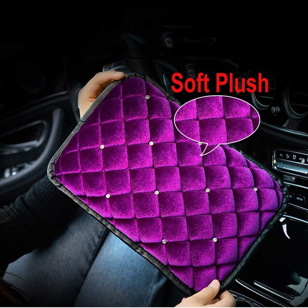 U&M Bling Bling Auto Armrest Console Cushion, Soft Plush Luster Crystal Arm Rest Padding Protective Case Diamond Car Decor Accessories for Women (Purple-Plush)