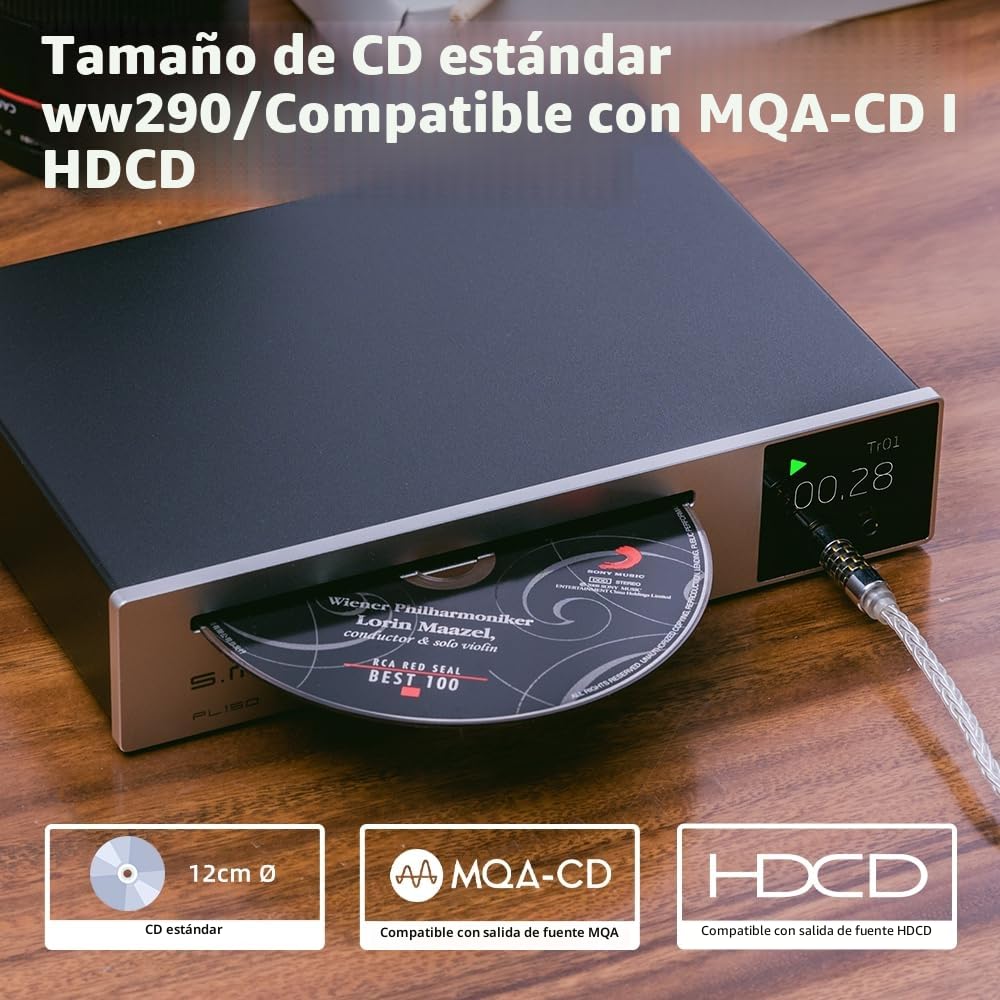 SMSL PL150 - Reproductor de CD estéreo, estándares compatibles y mini CD, soporte para MP3-CD, chips de decodificación CS43198, RCA, auriculares de 3,5 mm y 4,4 mm, fibra de vidrio, interfaces de